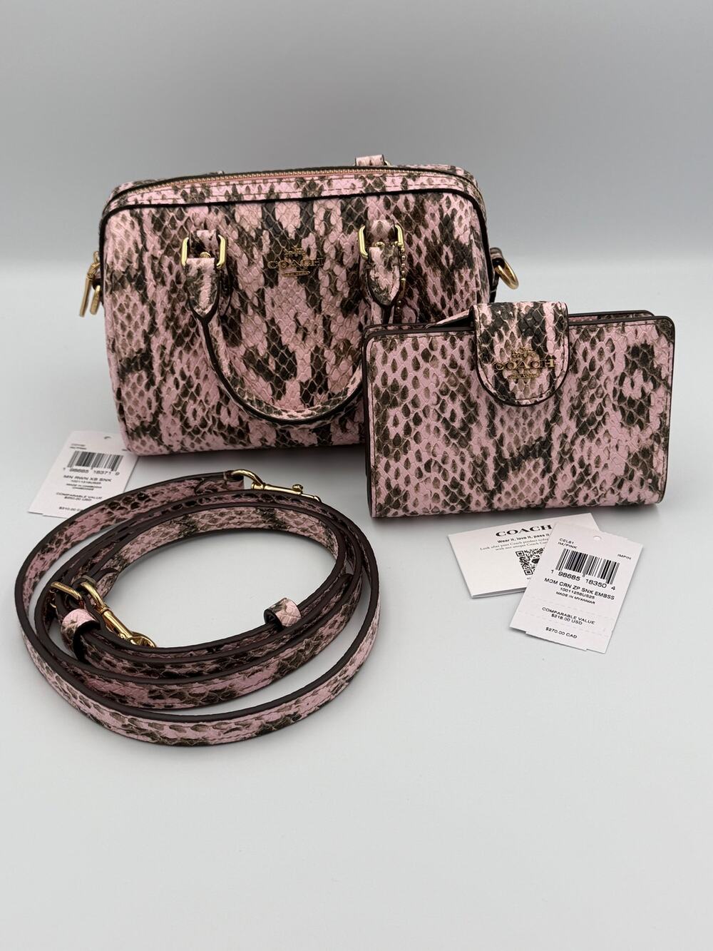 NWT Coach Rowan Satchel Bag & Matching Medium Corner Zip Wallet Set Pink Snake